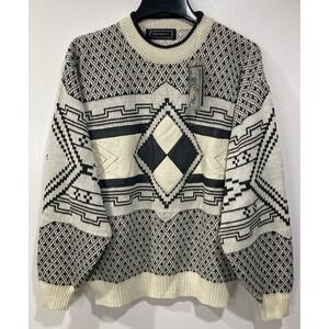 Vintage Saxony Leather Trim Geometric Aztec Coogi Style Sweater Size LARGE‎ NWT